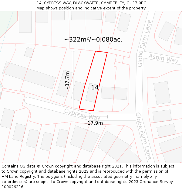 14, CYPRESS WAY, BLACKWATER, CAMBERLEY, GU17 0EG: Plot and title map
