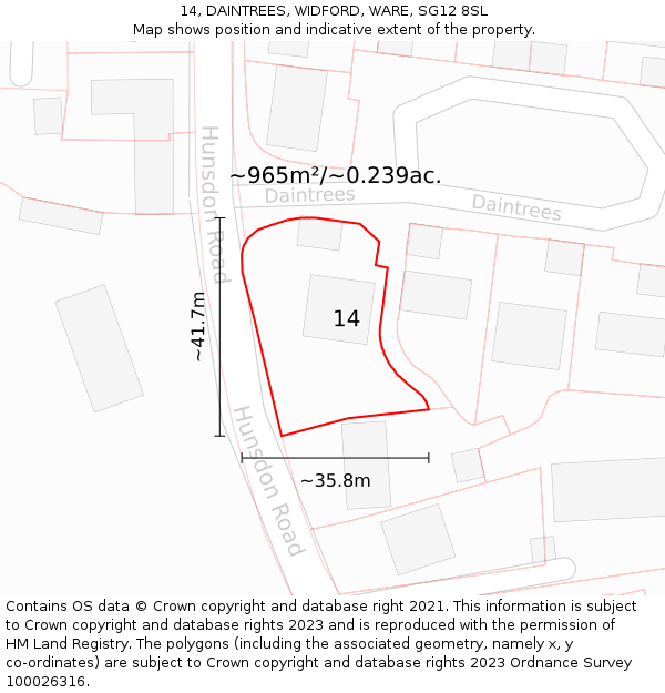 14, DAINTREES, WIDFORD, WARE, SG12 8SL: Plot and title map