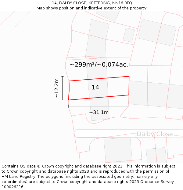 14, DALBY CLOSE, KETTERING, NN16 9FQ: Plot and title map