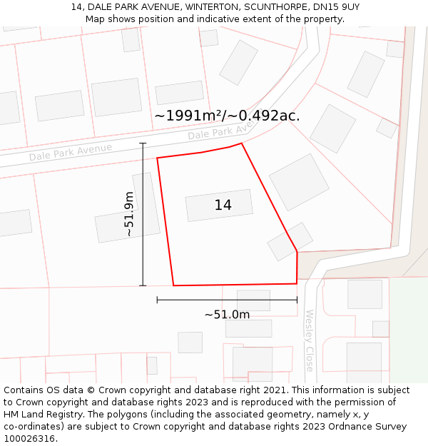 14, DALE PARK AVENUE, WINTERTON, SCUNTHORPE, DN15 9UY: Plot and title map