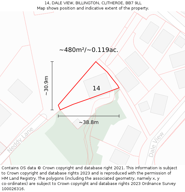 14, DALE VIEW, BILLINGTON, CLITHEROE, BB7 9LL: Plot and title map