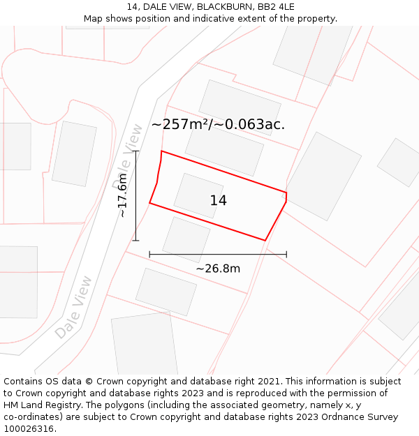 14, DALE VIEW, BLACKBURN, BB2 4LE: Plot and title map