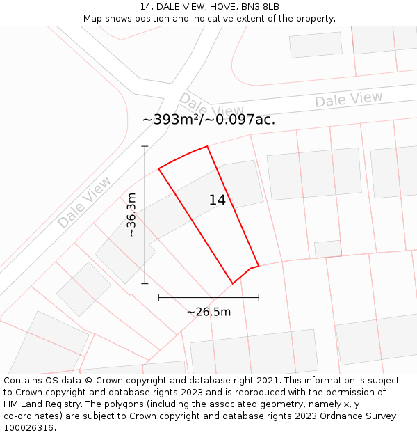 14, DALE VIEW, HOVE, BN3 8LB: Plot and title map