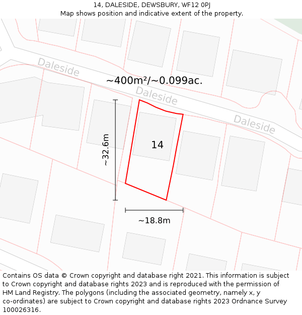 14, DALESIDE, DEWSBURY, WF12 0PJ: Plot and title map