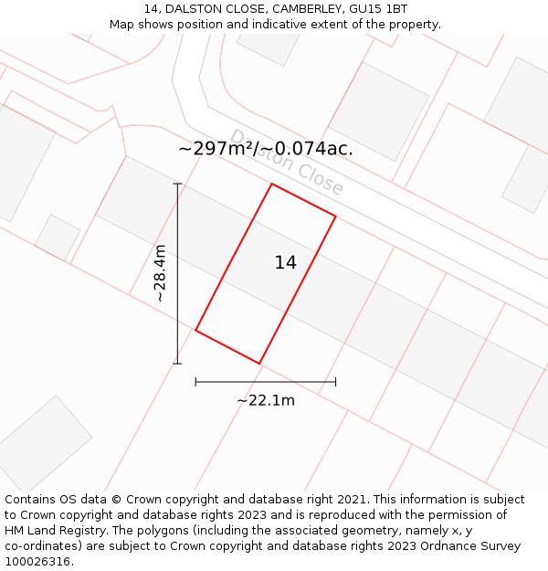 14, DALSTON CLOSE, CAMBERLEY, GU15 1BT: Plot and title map