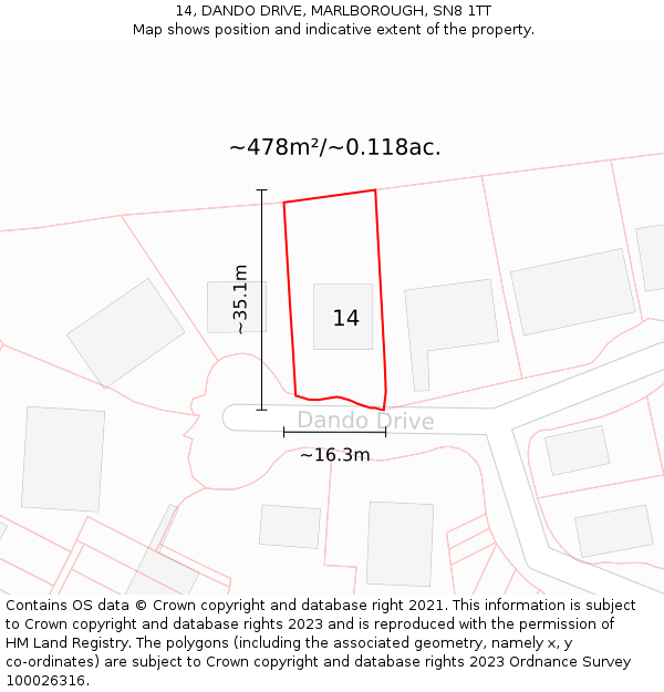 14, DANDO DRIVE, MARLBOROUGH, SN8 1TT: Plot and title map