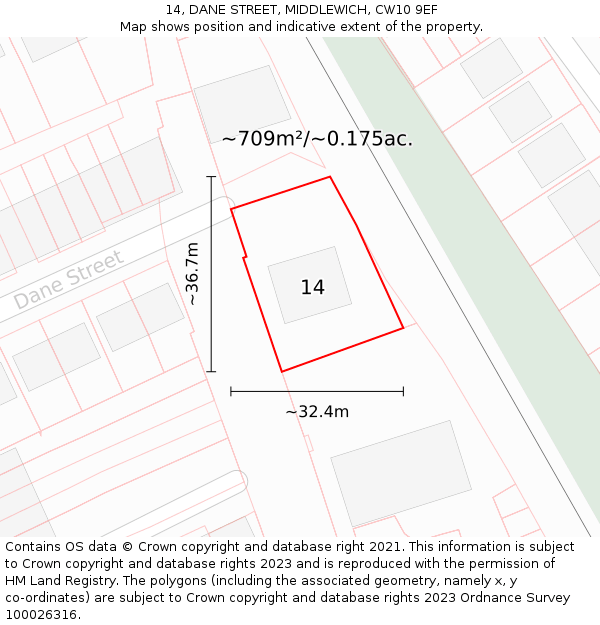 14, DANE STREET, MIDDLEWICH, CW10 9EF: Plot and title map