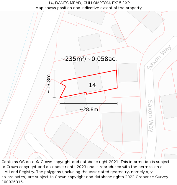 14, DANES MEAD, CULLOMPTON, EX15 1XP: Plot and title map