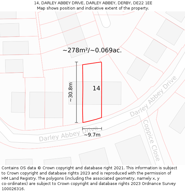 14, DARLEY ABBEY DRIVE, DARLEY ABBEY, DERBY, DE22 1EE: Plot and title map