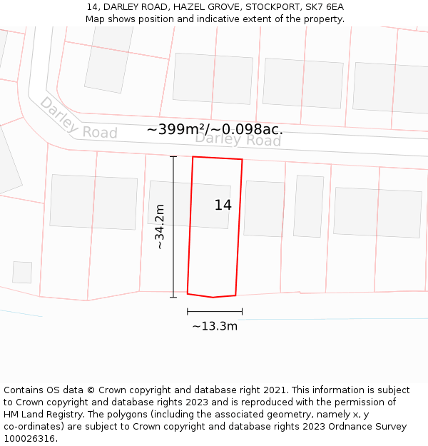14, DARLEY ROAD, HAZEL GROVE, STOCKPORT, SK7 6EA: Plot and title map