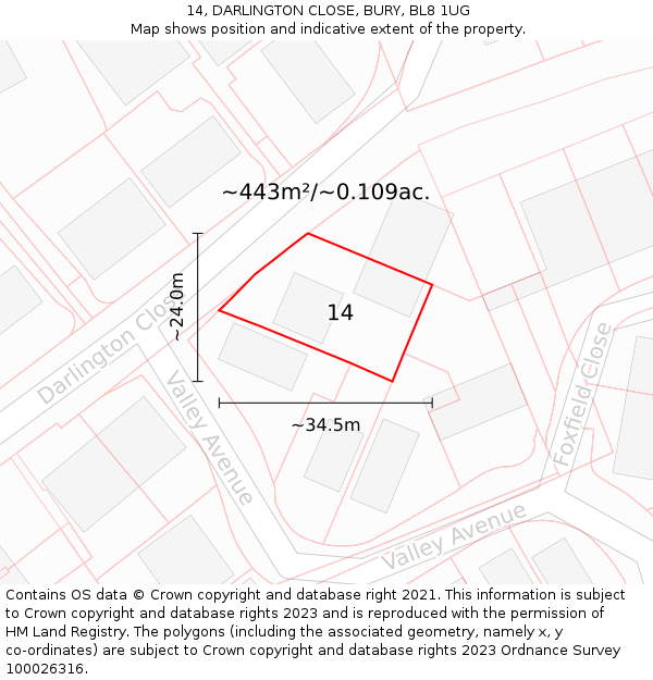 14, DARLINGTON CLOSE, BURY, BL8 1UG: Plot and title map