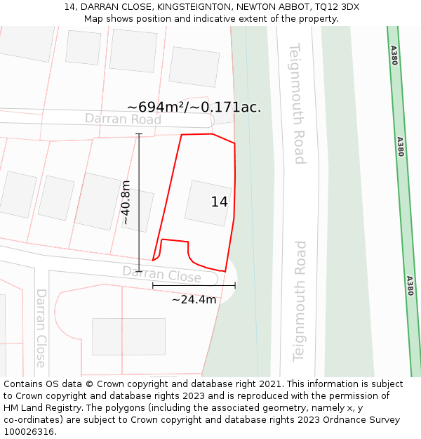 14, DARRAN CLOSE, KINGSTEIGNTON, NEWTON ABBOT, TQ12 3DX: Plot and title map