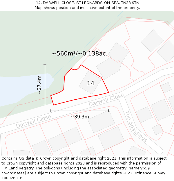 14, DARWELL CLOSE, ST LEONARDS-ON-SEA, TN38 9TN: Plot and title map
