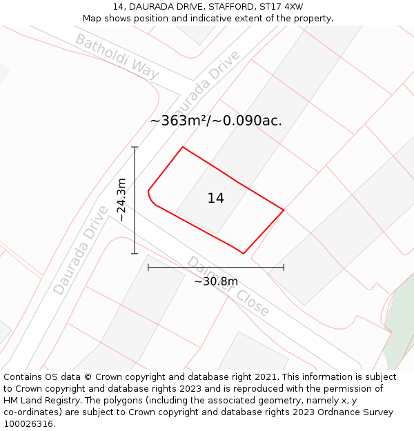14, DAURADA DRIVE, STAFFORD, ST17 4XW: Plot and title map
