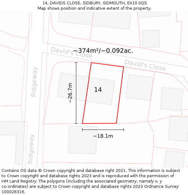 14, DAVIDS CLOSE, SIDBURY, SIDMOUTH, EX10 0QS: Plot and title map