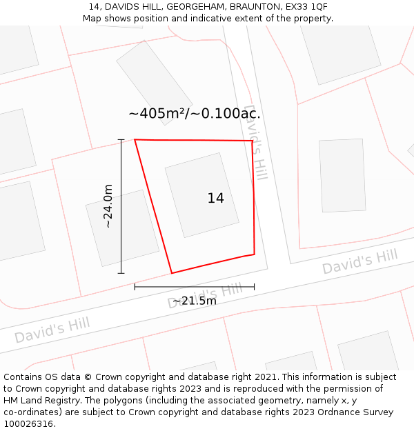 14, DAVIDS HILL, GEORGEHAM, BRAUNTON, EX33 1QF: Plot and title map