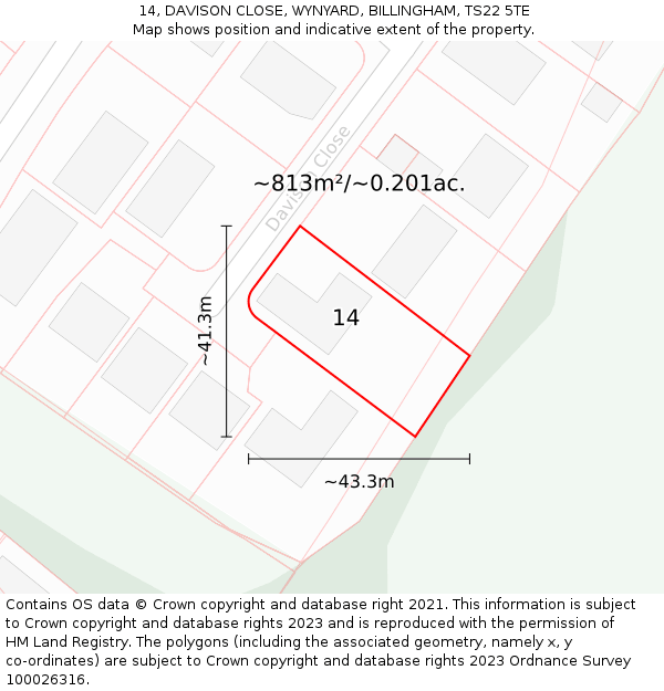 14, DAVISON CLOSE, WYNYARD, BILLINGHAM, TS22 5TE: Plot and title map