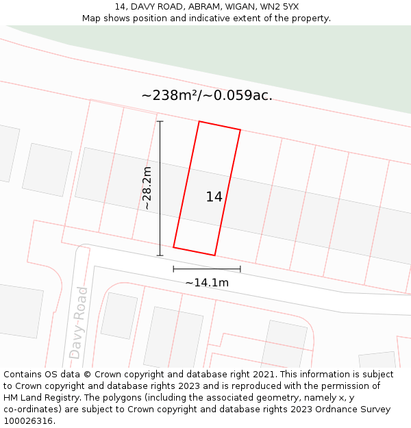 14, DAVY ROAD, ABRAM, WIGAN, WN2 5YX: Plot and title map