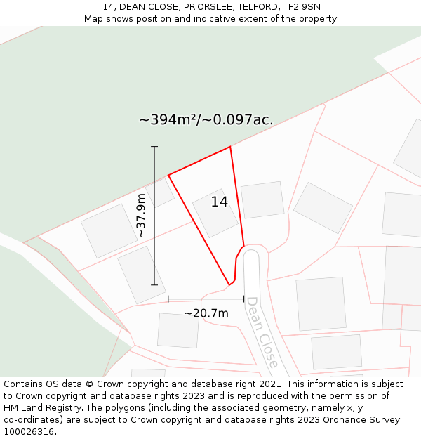 14, DEAN CLOSE, PRIORSLEE, TELFORD, TF2 9SN: Plot and title map