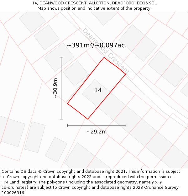 14, DEANWOOD CRESCENT, ALLERTON, BRADFORD, BD15 9BL: Plot and title map