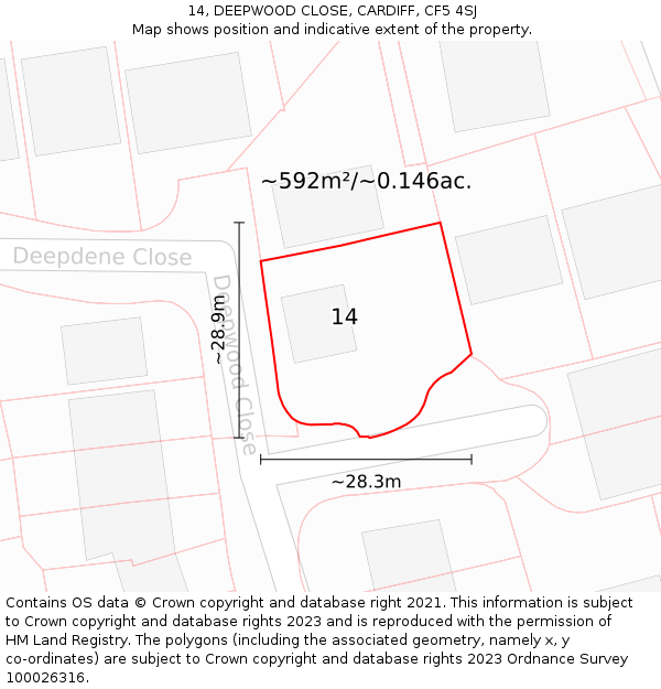 14, DEEPWOOD CLOSE, CARDIFF, CF5 4SJ: Plot and title map