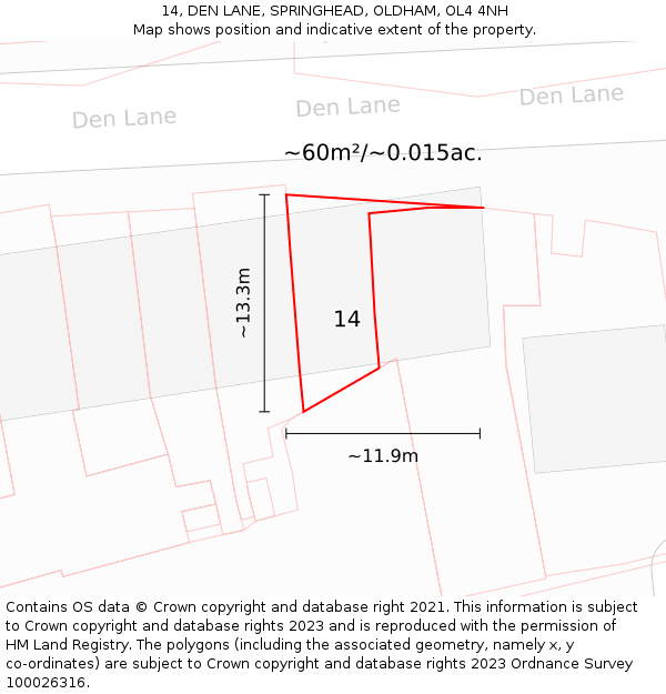 14, DEN LANE, SPRINGHEAD, OLDHAM, OL4 4NH: Plot and title map