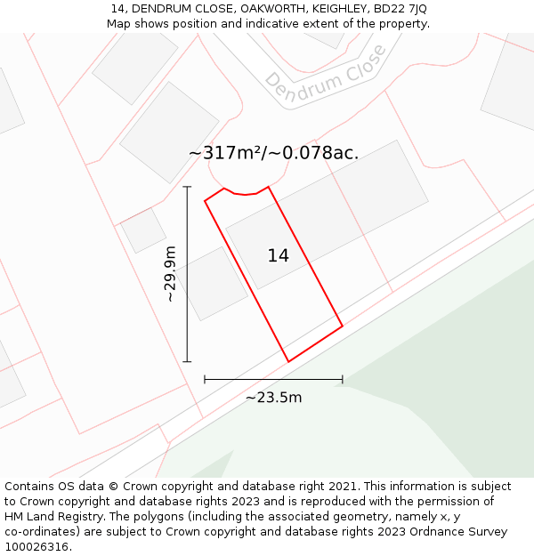 14, DENDRUM CLOSE, OAKWORTH, KEIGHLEY, BD22 7JQ: Plot and title map