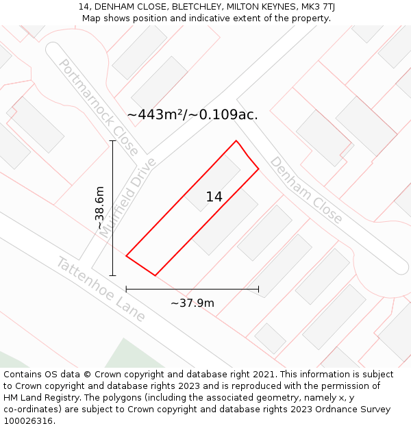 14, DENHAM CLOSE, BLETCHLEY, MILTON KEYNES, MK3 7TJ: Plot and title map