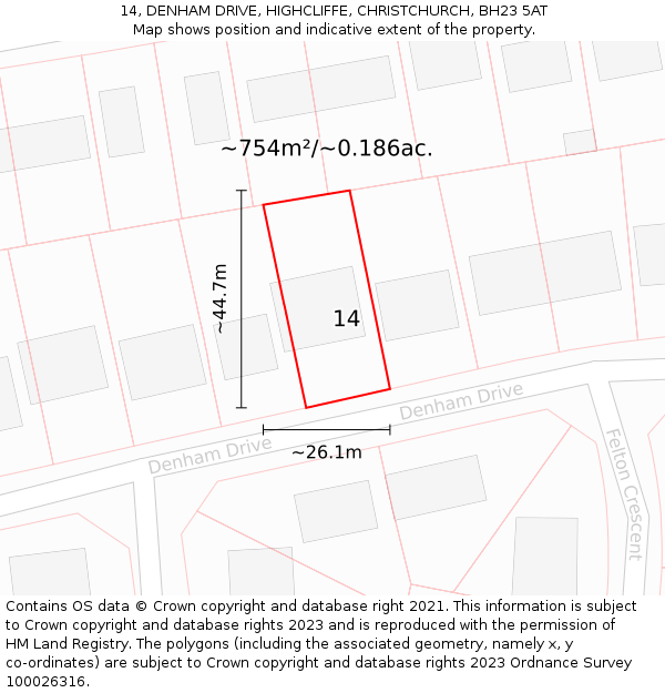 14, DENHAM DRIVE, HIGHCLIFFE, CHRISTCHURCH, BH23 5AT: Plot and title map