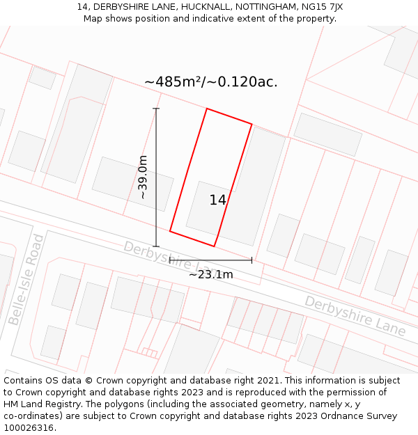 14, DERBYSHIRE LANE, HUCKNALL, NOTTINGHAM, NG15 7JX: Plot and title map