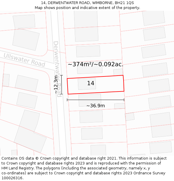 14, DERWENTWATER ROAD, WIMBORNE, BH21 1QS: Plot and title map