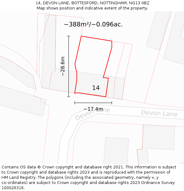 14, DEVON LANE, BOTTESFORD, NOTTINGHAM, NG13 0BZ: Plot and title map
