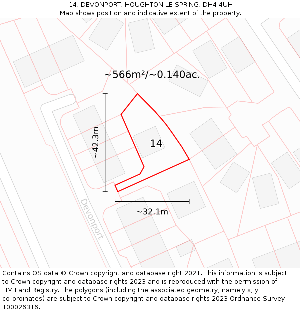 14, DEVONPORT, HOUGHTON LE SPRING, DH4 4UH: Plot and title map