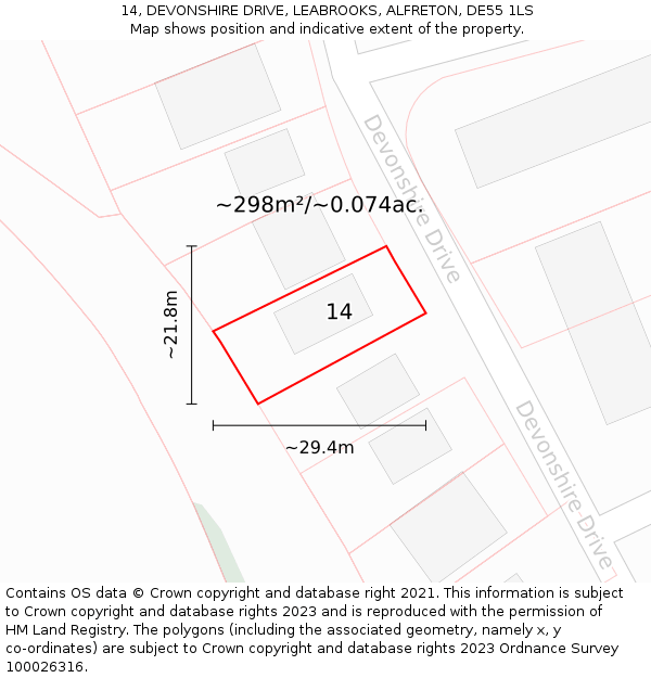 14, DEVONSHIRE DRIVE, LEABROOKS, ALFRETON, DE55 1LS: Plot and title map