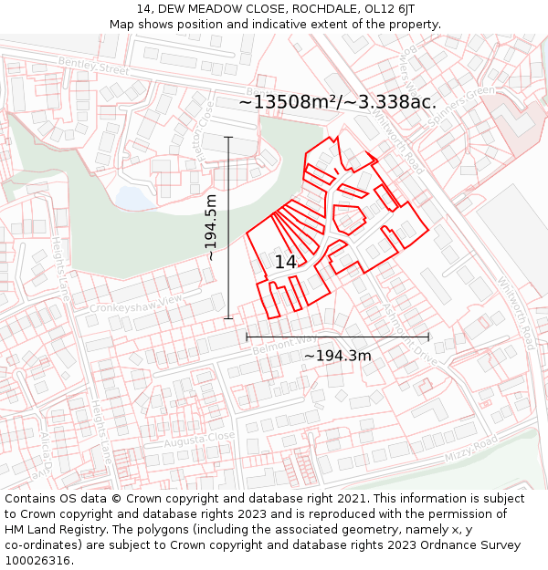 14, DEW MEADOW CLOSE, ROCHDALE, OL12 6JT: Plot and title map