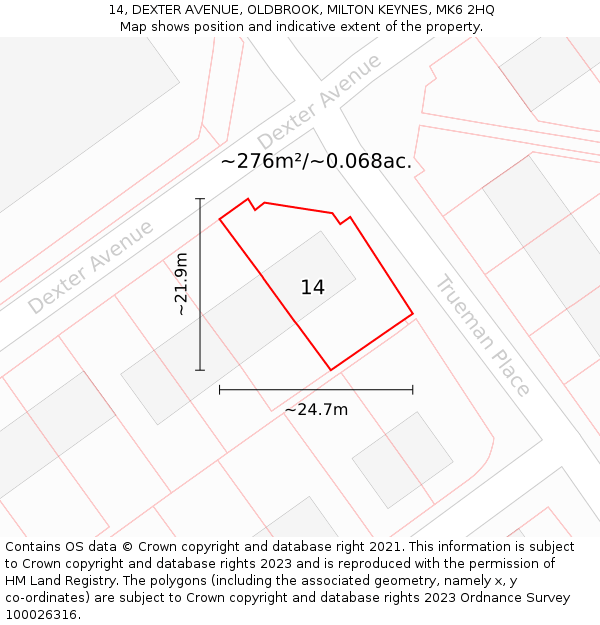 14, DEXTER AVENUE, OLDBROOK, MILTON KEYNES, MK6 2HQ: Plot and title map