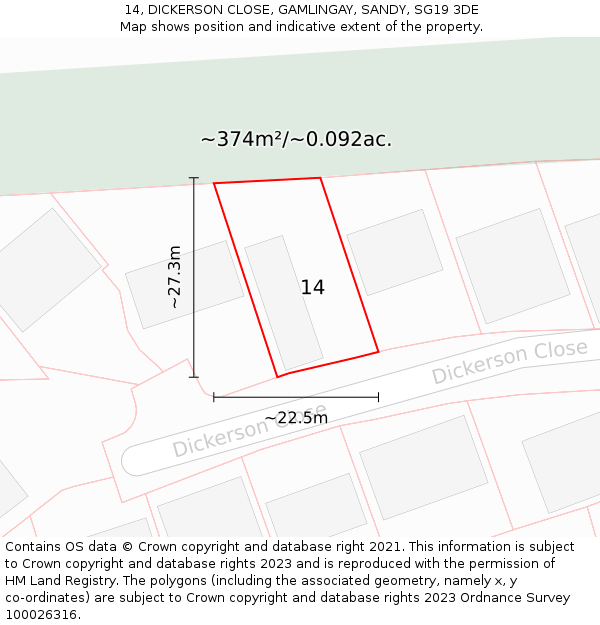 14, DICKERSON CLOSE, GAMLINGAY, SANDY, SG19 3DE: Plot and title map