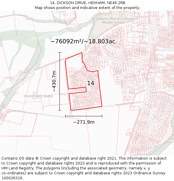 14, DICKSON DRIVE, HEXHAM, NE46 2RB: Plot and title map