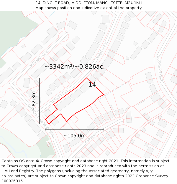 14, DINGLE ROAD, MIDDLETON, MANCHESTER, M24 1NH: Plot and title map