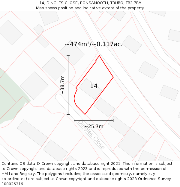 14, DINGLES CLOSE, PONSANOOTH, TRURO, TR3 7RA: Plot and title map