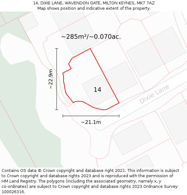 14, DIXIE LANE, WAVENDON GATE, MILTON KEYNES, MK7 7AZ: Plot and title map