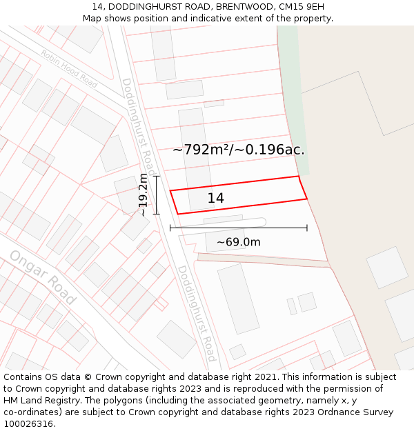 14, DODDINGHURST ROAD, BRENTWOOD, CM15 9EH: Plot and title map