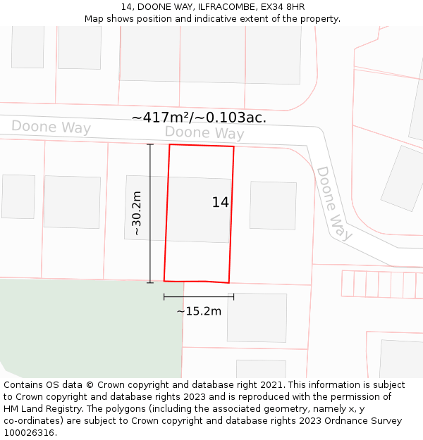 14, DOONE WAY, ILFRACOMBE, EX34 8HR: Plot and title map