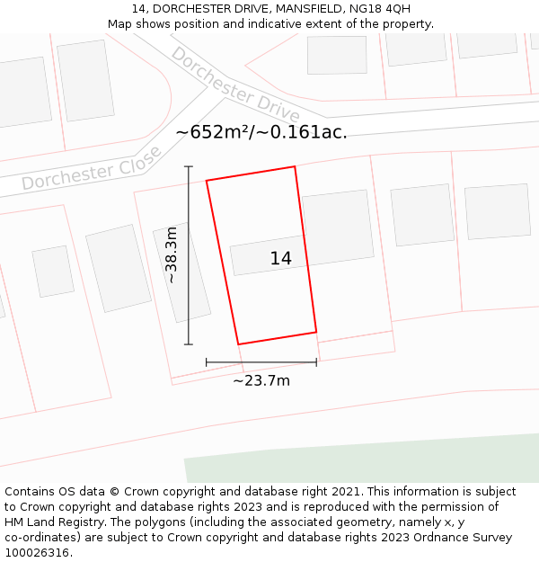 14, DORCHESTER DRIVE, MANSFIELD, NG18 4QH: Plot and title map