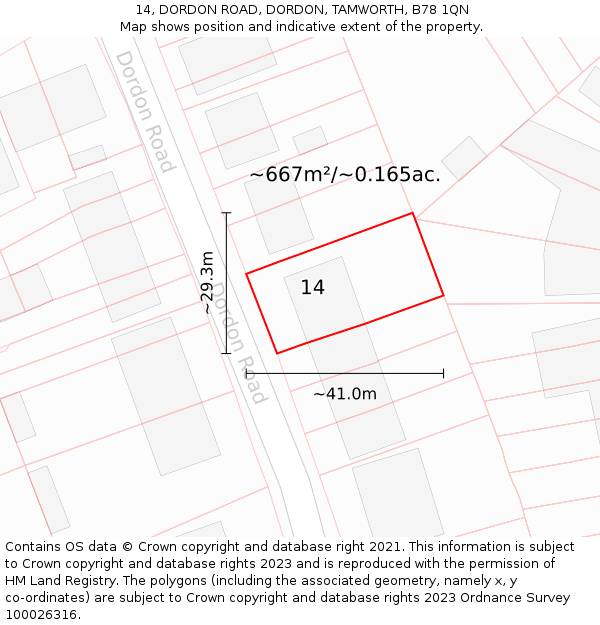 14, DORDON ROAD, DORDON, TAMWORTH, B78 1QN: Plot and title map