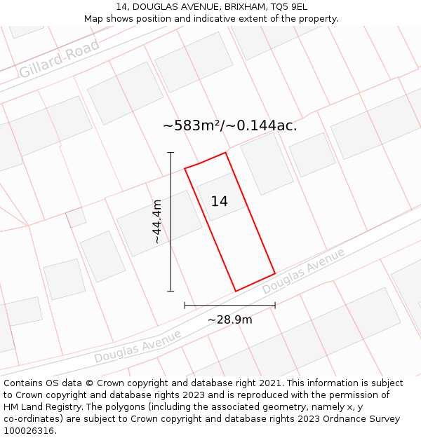 14, DOUGLAS AVENUE, BRIXHAM, TQ5 9EL: Plot and title map