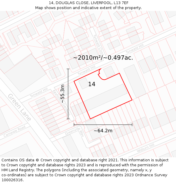 14, DOUGLAS CLOSE, LIVERPOOL, L13 7EF: Plot and title map
