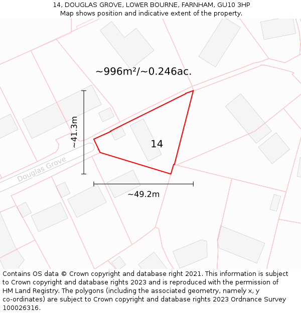 14, DOUGLAS GROVE, LOWER BOURNE, FARNHAM, GU10 3HP: Plot and title map