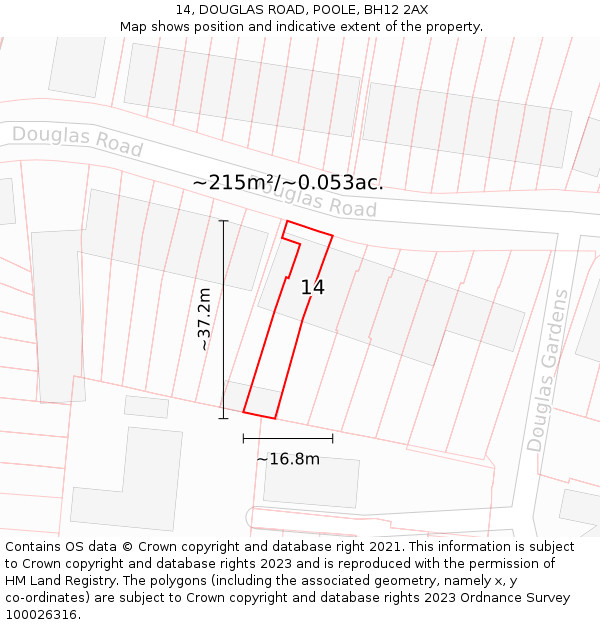 14, DOUGLAS ROAD, POOLE, BH12 2AX: Plot and title map
