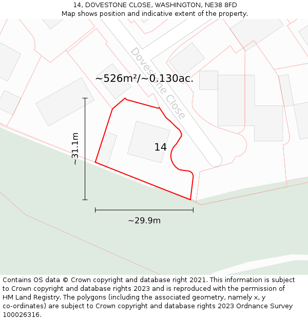 14, DOVESTONE CLOSE, WASHINGTON, NE38 8FD: Plot and title map